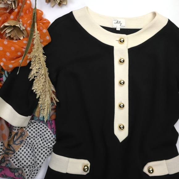 Milly Black Dress with Cream Accents and Gold Buttons Sz L - Picture 3 of 10